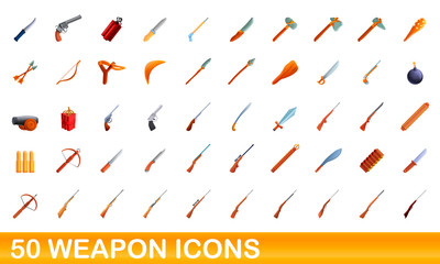 50 weapon icons set. Cartoon illustration of 50 weapon icons vector set isolated on white background