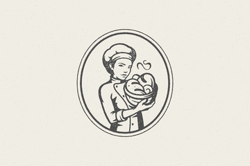 Woman baker in chef uniform with container of fresh buns work in bakery hand drawn stamp effect vector illustration.