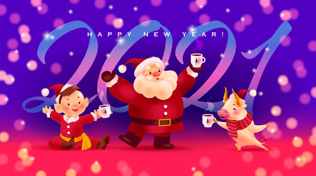 Happy New year illustration with 2021 numbers, Santa Claus, boy elf in red costume, bull mascot cartoon characters celebrating on night shining background. Vector congratulation card, party invitation