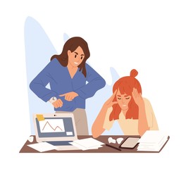 Angry boss stand over tired employee table. Stressed girl sitting with paper and hold head. Concept of pressure at work or deadline problem. Flat vector cartoon illustration isolated on white.
