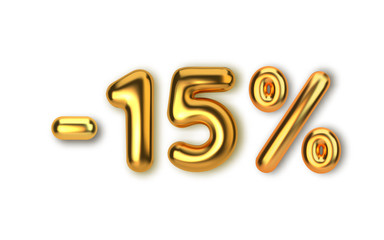 15 off discount promotion sale made of realistic 3d gold balloons. Number in the form of golden balloons. Vector