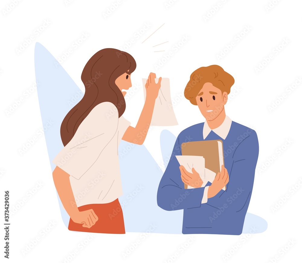 Aufkleber boss shout and demonstrate document with mistake to employee. depressed manager holding papers. scen