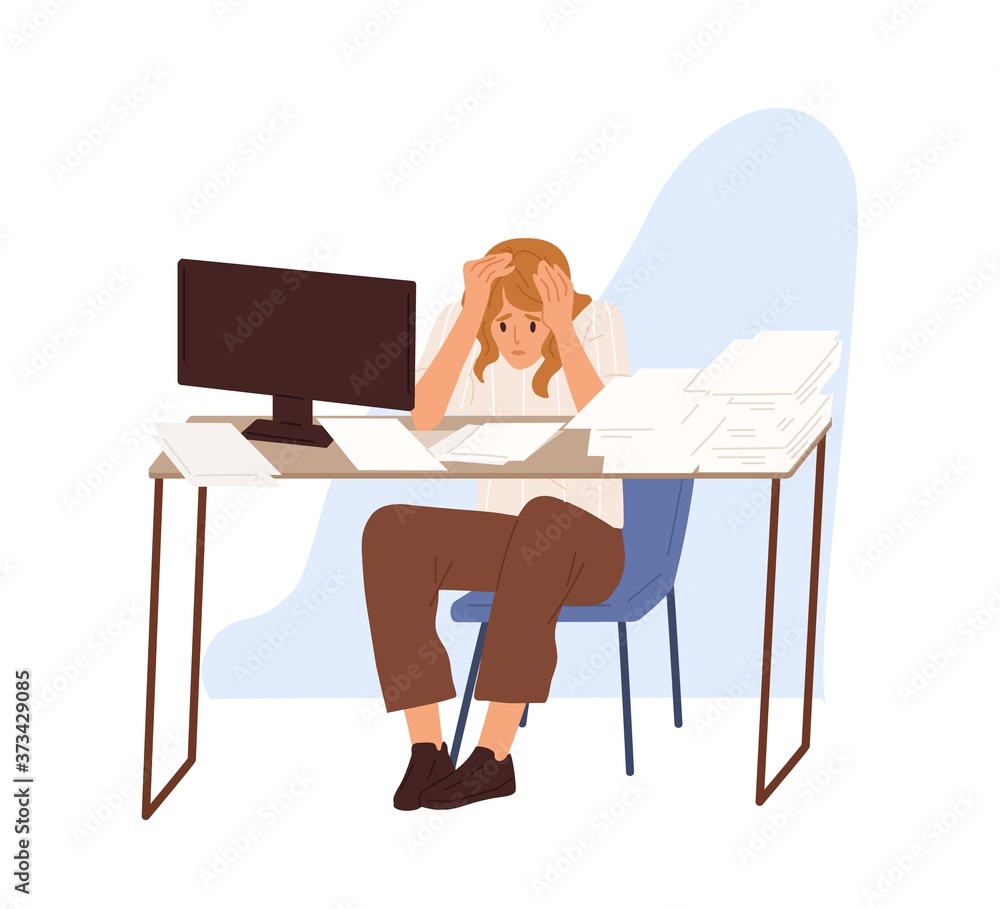 Poster concept of missing deadline and bad time management. scene of tired, fatigue, stressed woman who clu