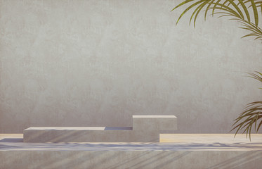 Natural beauty podium backdrop for cosmetic product display with tropical palm leaves. 3d render.