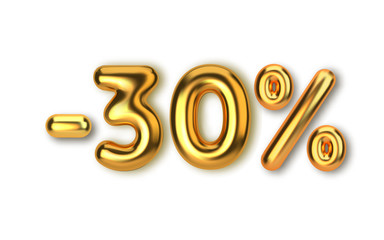 30 off discount promotion sale made of realistic 3d gold balloons. Number in the form of golden balloons. Template for products, advertizing, web banner. Vector