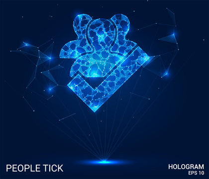 A hologram of people and a tick. The icon consists of polygons, triangles, points, and lines. People and the check mark are low-poly connection structure. The technology concept.