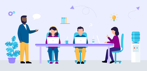 People Coworking Center Concept. Male And Female Designers Work At The Office Using Laptops And Internet. A Group Of People Commucating, Discussing New Design Ideas. Vector Illustration In Flat Style