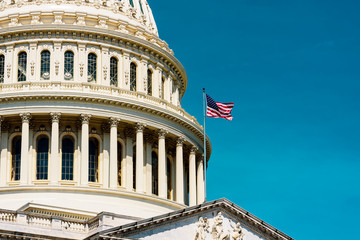 United States flags with Capitol building in Washington DC, retro color  style, Background with copy space, USA