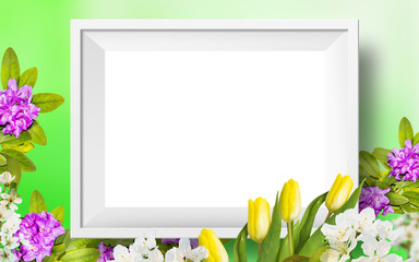 Beautiful background for greeting with rhododendron flowers, white cherry and yellow tulips. Decorative elements for yor design