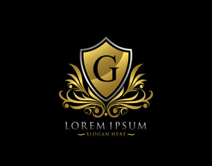 Luxury Shield G Letter Logo. Graceful Elegant gold shield icon design.