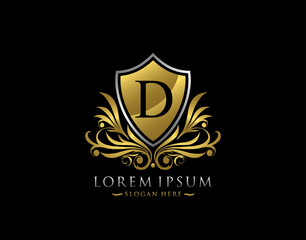 Luxury Shield D Letter Logo. Graceful Elegant gold shield icon design.