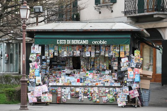 Bergamo, Italy - April 12, 2016: Newsstand in the city of Bergamo, Italy