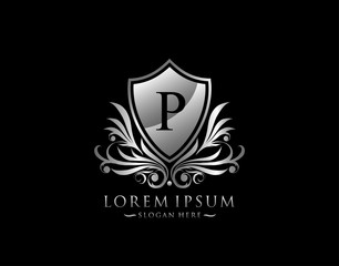 Luxury Shield P Letter Logo. Graceful Elegant Silver shield icon design.