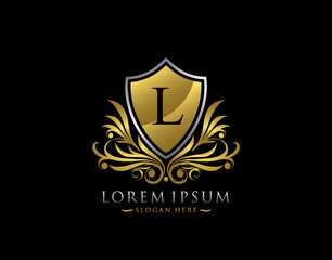 Luxury Shield L Letter Logo. Graceful Elegant gold shield icon design.