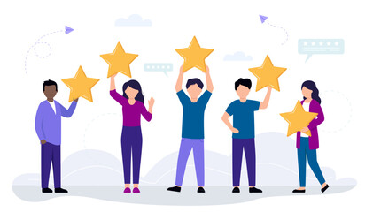 Rating, Customer Review And Feedback Concept. A Group Of Cartoon People Holding Five Stars Over Heads. Client Choices Rating And Customer Review Evaluation. Colorful Vector Illustration In Flat Style