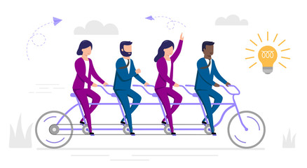 Plakat Partnership And Teamwork Concept. Cartoon Team Of Business People Riding Tandem Bicycle Together. Male And Female Characters Riding To New Idea Shaped As Lightbulb. Vector Illustration In Flat Style