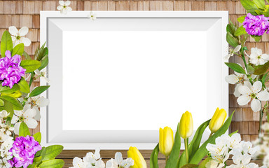 Fototapeta na wymiar Beautiful background for greeting with rhododendron flowers, white cherry and yellow tulips. Decorative elements for yor design