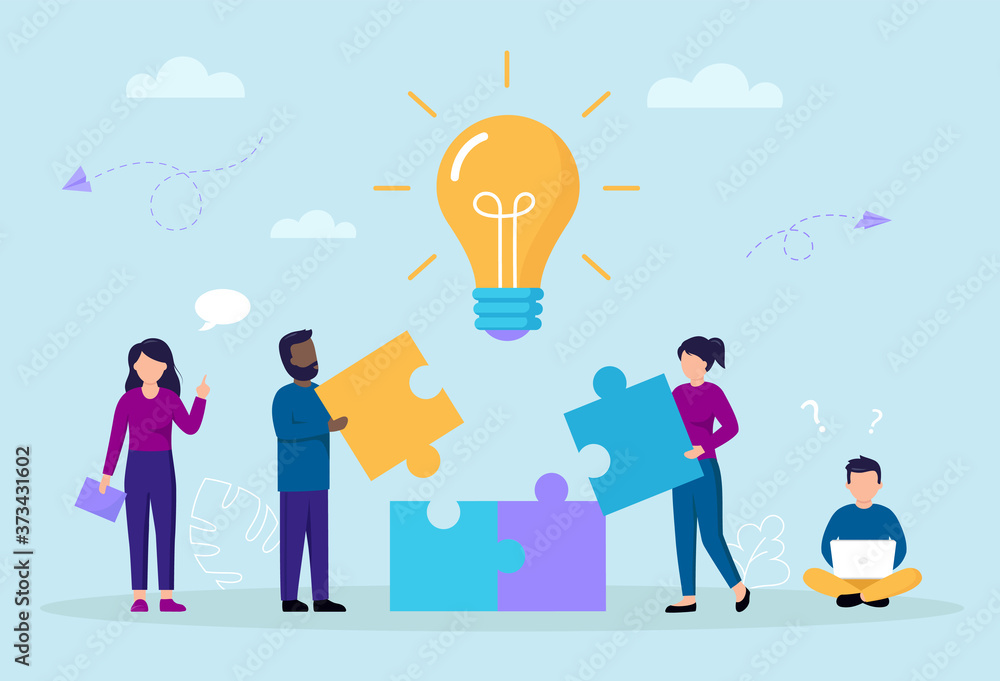Poster business perspective and teamwork concept. cartoon composition with teamwork shaped as puzzle assemb