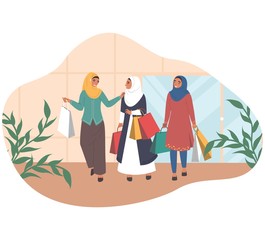 Fototapeta na wymiar Happy arab women walking with shopping bags talking to each other, flat vector illustration. Three muslim girls in traditional arabic dress and hijab leaving retail women clothing store with purchases