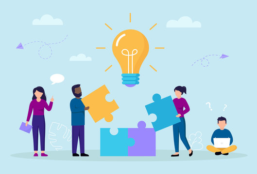 Business Perspective And Teamwork Concept. Cartoon Composition With Teamwork Shaped As Puzzle Assembling And Idea Pictured As Lightbulb. Fostering Teamwork. Colorful Vector Illustration In Flat Style