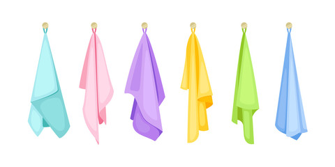 Hanging bath towels. Cartoon dry clean items for bathroom, hand drawn cute colored textile fabric, vector illustration of spa items isolated on white background