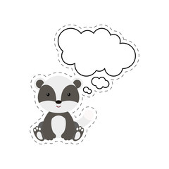 Cute cartoon badger with speech bubble sticker. Kawaii character on white background. Cartoon sitting animal postcard clipart for birthday, baby shower, party event. Vector stock illustration.