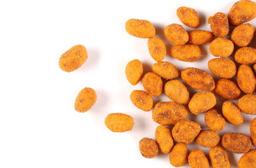 Spicy pepper, paprika roasted peanuts, snack pile isolated on white background, top view