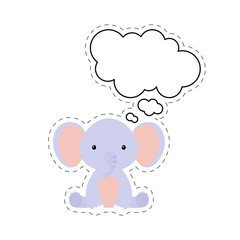 Cute cartoon elephant with speech bubble sticker. Kawaii character on white background. Cartoon sitting animal postcard clipart for birthday, baby shower, party event. Vector stock illustration.