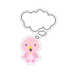 Cute cartoon flamingo with speech bubble sticker. Kawaii character on white background. Cartoon sitting animal postcard clipart for birthday, baby shower, party event. Vector stock illustration.