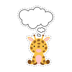 Obraz na płótnie Canvas Cute cartoon giraffe with speech bubble sticker. Kawaii character on white background. Cartoon sitting animal postcard clipart for birthday, baby shower, party event. Vector stock illustration.