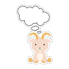 Cute cartoon goat with speech bubble sticker. Kawaii character on white background. Cartoon sitting animal postcard clipart for birthday, baby shower, party event. Vector stock illustration.