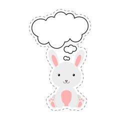 Cute cartoon hare with speech bubble sticker. Kawaii character on white background. Cartoon sitting animal postcard clipart for birthday, baby shower, party event. Vector stock illustration.
