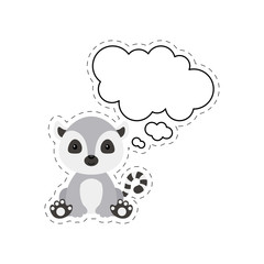 Cute cartoon lemur with speech bubble sticker. Kawaii character on white background. Cartoon sitting animal postcard clipart for birthday, baby shower, party event. Vector stock illustration. © Jexy