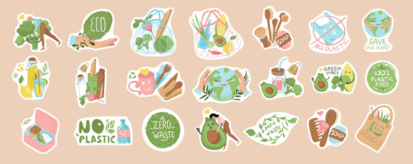 Collection of ecology, vegan stickers with slogans: zero waste, recycle, eco friendly, no plastic. Bundle of decorative design elements. Isolated plots Flat vector illustration.