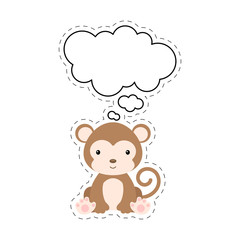 Cute cartoon monkey with speech bubble sticker. Kawaii character on white background. Cartoon sitting animal postcard clipart for birthday, baby shower, party event. Vector stock illustration.