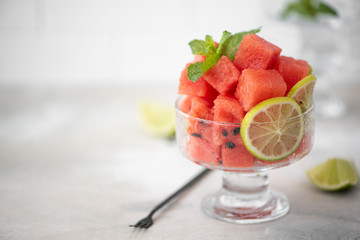 small pieces of ripe watermelon in a bowl