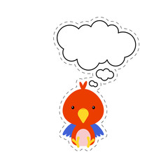 Cute cartoon parrot with speech bubble sticker. Kawaii character on white background. Cartoon sitting animal postcard clipart for birthday, baby shower, party event. Vector stock illustration.