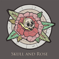 Antique Stone Mosaic Rose and Skull Traditional Tattoo Art Design 
