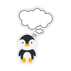 Cute cartoon penguin with speech bubble sticker. Kawaii character on white background. Cartoon sitting animal postcard clipart for birthday, baby shower, party event. Vector stock illustration.