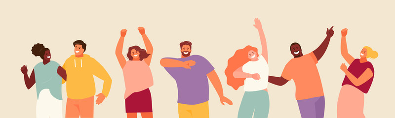 Dancing happy young people. Active leisure and holiday. Vector characters