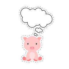 Cute cartoon pig with speech bubble sticker. Kawaii character on white background. Cartoon sitting animal postcard clipart for birthday, baby shower, party event. Vector stock illustration.