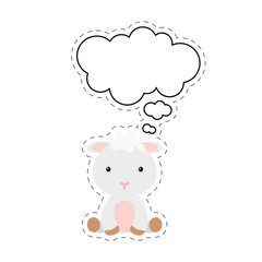Cute cartoon sheep with speech bubble sticker. Kawaii character on white background. Cartoon sitting animal postcard clipart for birthday, baby shower, party event. Vector stock illustration.