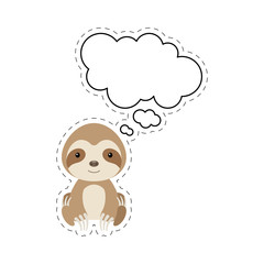 Cute cartoon sloth with speech bubble sticker. Kawaii character on white background. Cartoon sitting animal postcard clipart for birthday, baby shower, party event. Vector stock illustration.