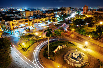 Roundabout in the center of Havana at night seen from above