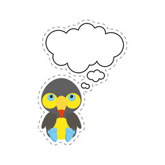 Cute cartoon toucan with speech bubble sticker. Kawaii character on white background. Cartoon sitting animal postcard clipart for birthday, baby shower, party event. Vector stock illustration.