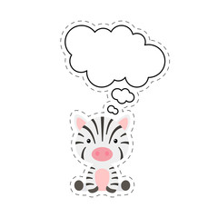 Cute cartoon zebra with speech bubble sticker. Kawaii character on white background. Cartoon sitting animal postcard clipart for birthday, baby shower, party event. Vector stock illustration.