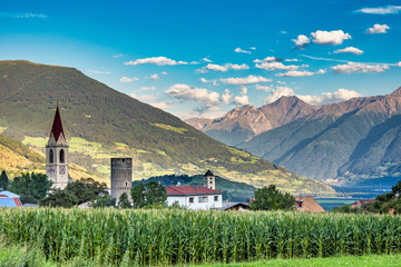 Val Venosta, Vinschgau, Alto Adige, Italy. View over Mals in South Tyrol