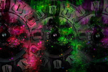 Background multicolored space clock, midnight