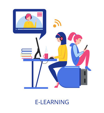 E-Learning concept, flat design vector illustration