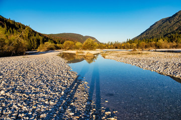 Sylvenstein reservoir lake in autumn, Bad Toelz, Bavaria, Germany, Europe